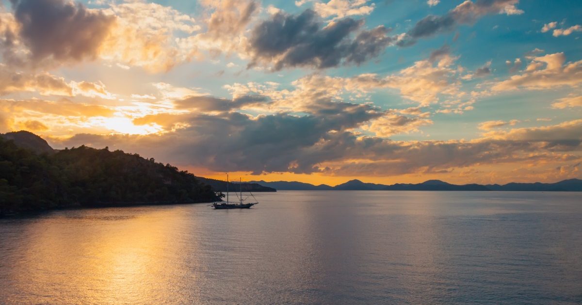 Beautiful beach and pine trees at Mediterranean sea. Fethiye Turkey