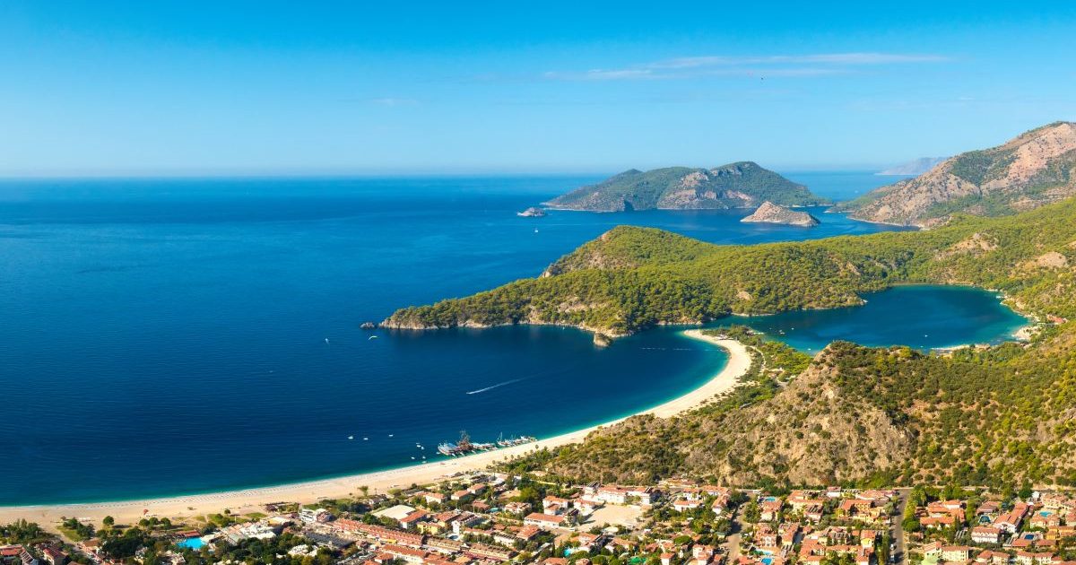 Summer view to Oludeniz lagoon beach landscape Fethiye Turkey